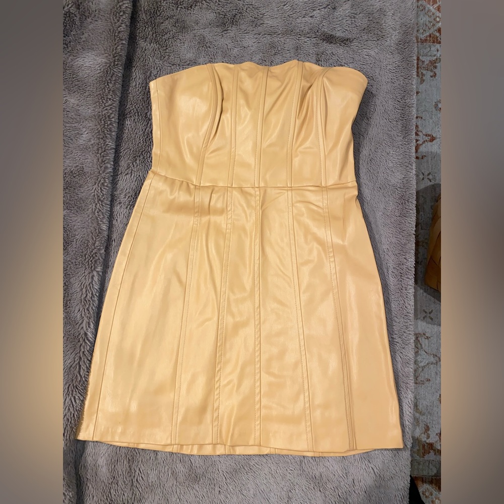 Zara Gold faux leather strapless mini dress